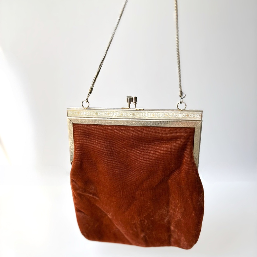 Vintage 40s Style Cinnamon Rust‎ Orange Velvety Mini Chain Strap Evening Handbag